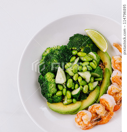 Healthy shrimp and greens salad plate Healthy shrimp and greens salad plate 114796895
