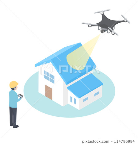 一名工人使用無人機檢查房屋的等軸圖 114796994