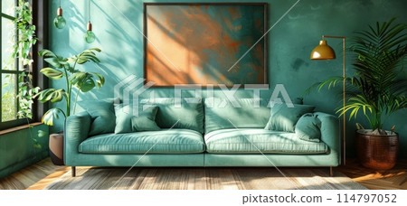 Stylish modern living room interior with lush green plants and cozy blue sofa Stylish modern living room interior with lush green plants and cozy blue sofa 114797052