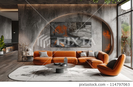 Elegant modern living room with terracotta sofa and abstract art 114797063