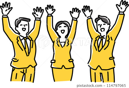 Three male and female employees cheering Three male and female employees cheering 114797065