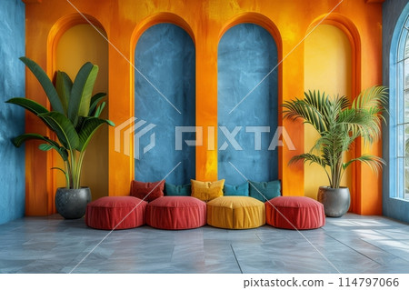 Bright and colorful modern interior with geometric colorful walls, plush seating, and tropical plants 114797066
