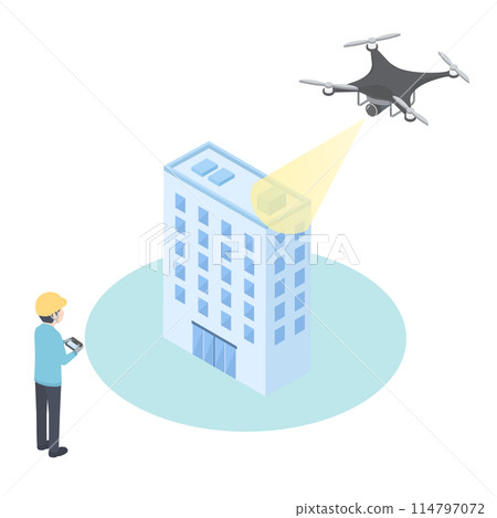 Isometric illustration of a worker inspecting a building using a drone Isometric illustration of a worker inspecting a building using a drone 114797072
