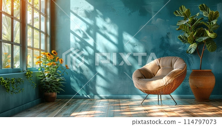 Stylish modern interior with a vibrant blue wall, wicker chair, and lush plants Stylish modern interior with a vibrant blue wall, wicker chair, and lush plants 114797073