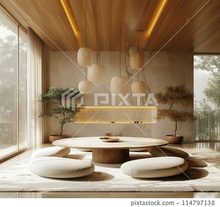 Elegant modern dining room with cream color palette and natural lighting 114797138