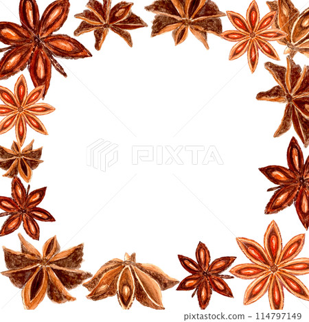 Star anise realistic watercolor frame on a white background. Five brown star-shaped spices with detailed texture and shades. Perfect for culinary, botanical projects, cards, posters, spice containers 114797149