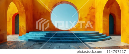 Colorful minimalist stage design with bright arches and a circular backdrop 114797217
