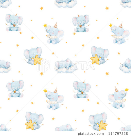 Beautiful childish watercolor hand drawn seamless pattern with cute baby elephants. Kid's clipart print. Stock baby illustration. Beautiful childish watercolor hand drawn seamless pattern with cute baby elephants. Kid's clipart print. Stock baby illustration. 114797228