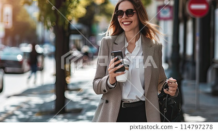 Cheerful successful confident businesswoman walking down the street holding cup of coffee and talking smartphone 114797278