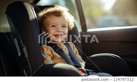 happy kid sitting in the car seat chair. 114797312