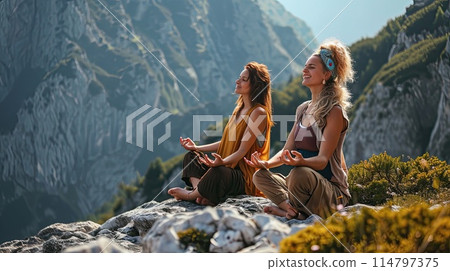 Cheerful women meditating in the mountains 114797375