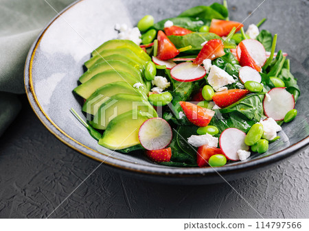Fresh spinach avocado salad on stylish plate Fresh spinach avocado salad on stylish plate 114797566