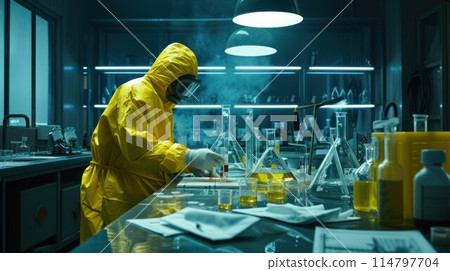 Confident chemist in yellow hazmat suit hold test-tube experimental vaccine covid infection wear yellow latex gloves goggles breathing mask 114797704