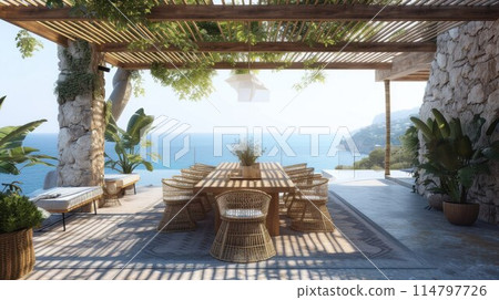 Table setting at tropical beach restaurant. Led light candles and wooden tables, chairs under beautiful sunset sky. Luxury hotel or resort restaurant 114797726