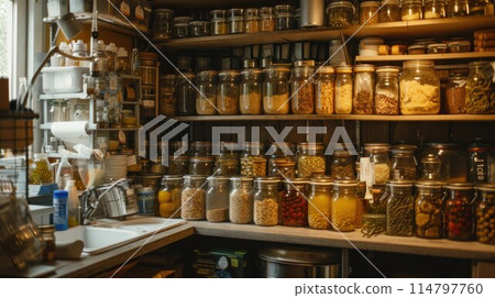 kitchenware, glass jars with beans, pasta and grains on metal green shelf at cabinet. storage food concept and order at kitchen 114797760