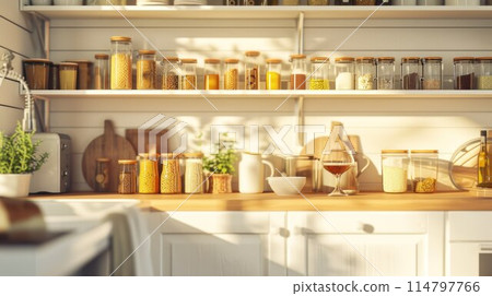 kitchenware, glass jars with beans, pasta and grains on metal green shelf at cabinet. storage food concept and order at kitchen kitchenware, glass jars with beans, pasta and grains on metal green shelf at cabinet. storage food concept and order at kitchen 114797766