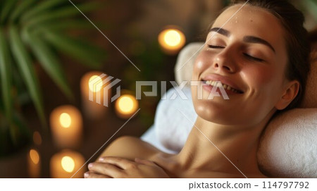 Beautiful woman getting face massage in beauty spa. Girl with closed eyes relaxing spa while getting head massage 114797792