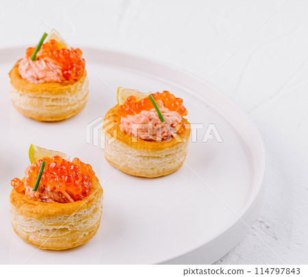 Elegant salmon tartare appetizers on white plate Elegant salmon tartare appetizers on white plate 114797843