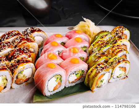 Assorted sushi platter on modern plate 114798106