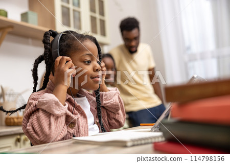 Little female pupil using her tablet for remote learning attending online classes Little female pupil using her tablet for remote learning attending online classes 114798156