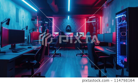 Powerful Personal Computer Gamer Rig with First-Person Shooter Game on Screen. Monitor Stands on the Table at Home. Cozy Room with Modern Design is Lit with Warm and Neon Light Powerful Personal Computer Gamer Rig with First-Person Shooter Game on Screen. Monitor Stands on the Table at Home. Cozy Room with Modern Design is Lit with Warm and Neon Light 114798164
