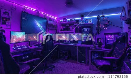 Powerful Personal Computer Gamer Rig with First-Person Shooter Game on Screen. Monitor Stands on the Table at Home. Cozy Room with Modern Design is Lit with Warm and Neon Light Powerful Personal Computer Gamer Rig with First-Person Shooter Game on Screen. Monitor Stands on the Table at Home. Cozy Room with Modern Design is Lit with Warm and Neon Light 114798166