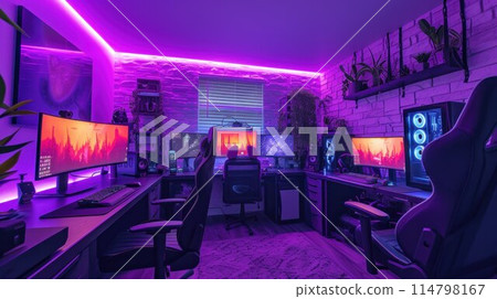 Powerful Personal Computer Gamer Rig with First-Person Shooter Game on Screen. Monitor Stands on the Table at Home. Cozy Room with Modern Design is Lit with Warm and Neon Light Powerful Personal Computer Gamer Rig with First-Person Shooter Game on Screen. Monitor Stands on the Table at Home. Cozy Room with Modern Design is Lit with Warm and Neon Light 114798167