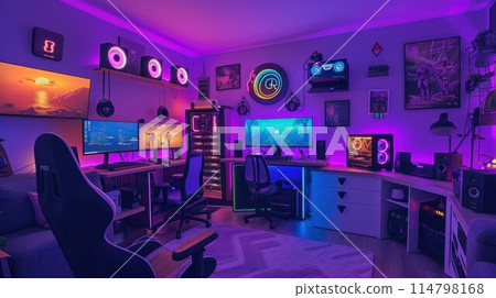 Powerful Personal Computer Gamer Rig with First-Person Shooter Game on Screen. Monitor Stands on the Table at Home. Cozy Room with Modern Design is Lit with Warm and Neon Light Powerful Personal Computer Gamer Rig with First-Person Shooter Game on Screen. Monitor Stands on the Table at Home. Cozy Room with Modern Design is Lit with Warm and Neon Light 114798168