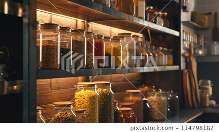 kitchenware, glass jars with beans, pasta and grains on metal green shelf at cabinet. storage food concept and order at kitchen kitchenware, glass jars with beans, pasta and grains on metal green shelf at cabinet. storage food concept and order at kitchen 114798182