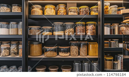 kitchenware, glass jars with beans, pasta and grains on metal green shelf at cabinet. storage food concept and order at kitchen 114798184