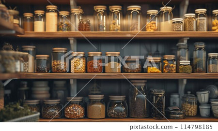 kitchenware, glass jars with beans, pasta and grains on metal green shelf at cabinet. storage food concept and order at kitchen 114798185