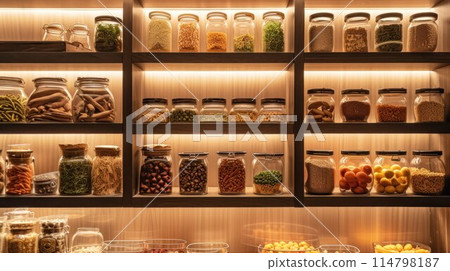 kitchenware, glass jars with beans, pasta and grains on metal green shelf at cabinet. storage food concept and order at kitchen 114798187
