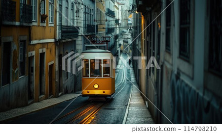 Romantic Lisbon street with the typical yellow tram and Lisbon Cathedral on the background 114798210