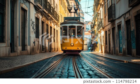 Romantic Lisbon street with the typical yellow tram and Lisbon Cathedral on the background Romantic Lisbon street with the typical yellow tram and Lisbon Cathedral on the background 114798214