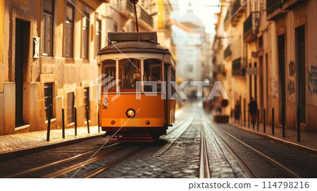 Romantic Lisbon street with the typical yellow tram and Lisbon Cathedral on the background Romantic Lisbon street with the typical yellow tram and Lisbon Cathedral on the background 114798216