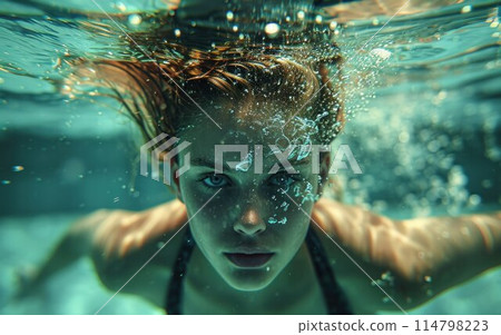Underwater woman portrait in swimming pool 114798223