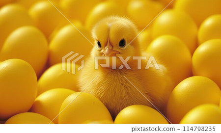one yellow chicken nestling on many hen's-eggs background one yellow chicken nestling on many hen's-eggs background 114798235