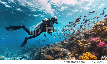 Scuba diver diving on tropical reef with blue background and reef fish Scuba diver diving on tropical reef with blue background and reef fish 114798242