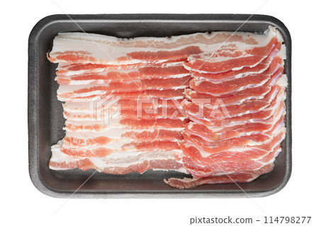 Raw pork streaky brisket bacon in black plastic pack isolated on white background 114798277