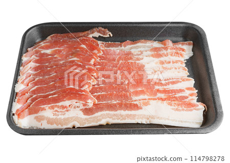 Raw pork streaky brisket bacon in black plastic pack isolated on white background Raw pork streaky brisket bacon in black plastic pack isolated on white background 114798278