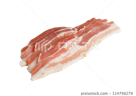 Piece of raw pork streaky brisket bacon meat close up, macro isolated on white background Piece of raw pork streaky brisket bacon meat close up, macro isolated on white background 114798279