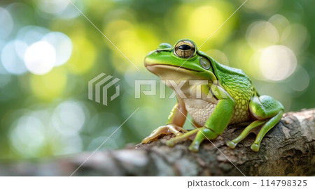 Tree frog on branch, tree frog on green leaves, animal closeup 114798325