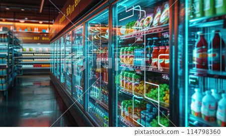 Supermarket shelf for presenting new product in between many others 114798360
