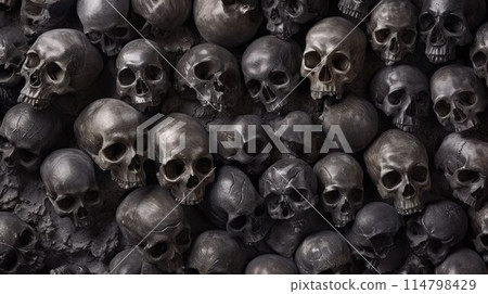 Collection of skulls and bones covered with spider web and dust in the catacombs. Numerous creepy skulls in the dark. Abstract concept symbolizing death, terror, and evil 114798429