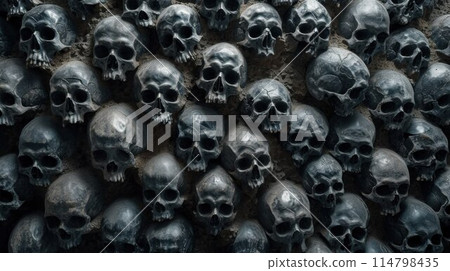Collection of skulls and bones covered with spider web and dust in the catacombs. Numerous creepy skulls in the dark. Abstract concept symbolizing death, terror, and evil 114798435