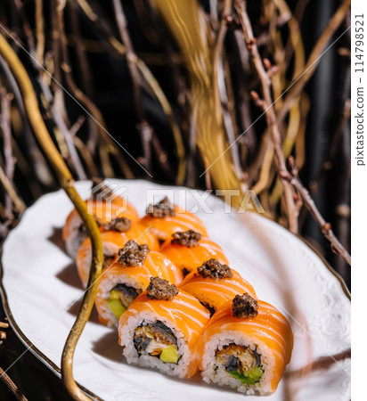 Gourmet salmon sushi with truffle on elegant plate 114798521