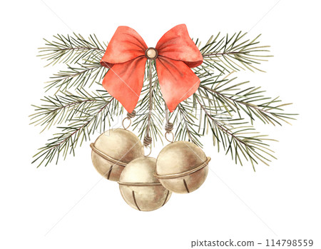 Green spruce with red satin bow and vintage bells. Watercolor Christmas composition in vintage style. Composition for Christmas and New Year holidays, invitations, cards, decoration, packaging, design Green spruce with red satin bow and vintage bells. Watercolor Christmas composition in vintage style. Composition for Christmas and New Year holidays, invitations, cards, decoration, packaging, design 114798559