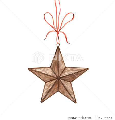 Vintage Copper Five Pointed Star with Pendant and Bow. Watercolor illustration in vintage style on isolated background. Drawing for Christmas holidays, invitations, cards, banners, wrapping paper Vintage Copper Five Pointed Star with Pendant and Bow. Watercolor illustration in vintage style on isolated background. Drawing for Christmas holidays, invitations, cards, banners, wrapping paper 114798563