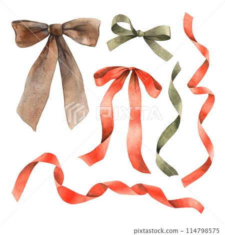 A set of silk satin ribbons and bows of different colors. Isolated watercolor illustration in vintage style. Hand drawn drawings for cards, various holidays, invitations, textiles, stickers A set of silk satin ribbons and bows of different colors. Isolated watercolor illustration in vintage style. Hand drawn drawings for cards, various holidays, invitations, textiles, stickers 114798575