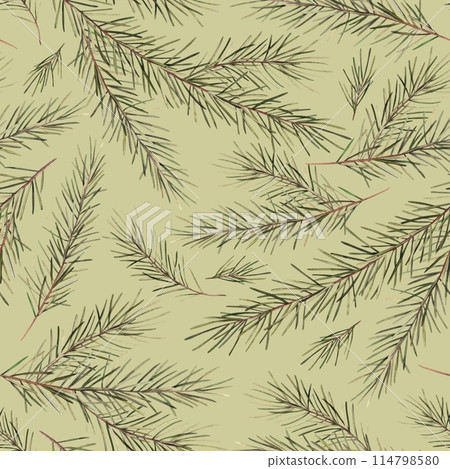 Pattern of fir branches. Watercolor botanical pattern of pine branches, pine needles, branches on a green background. Drawings for Christmas and New Year holidays, textiles, wrapping paper, decor 114798580